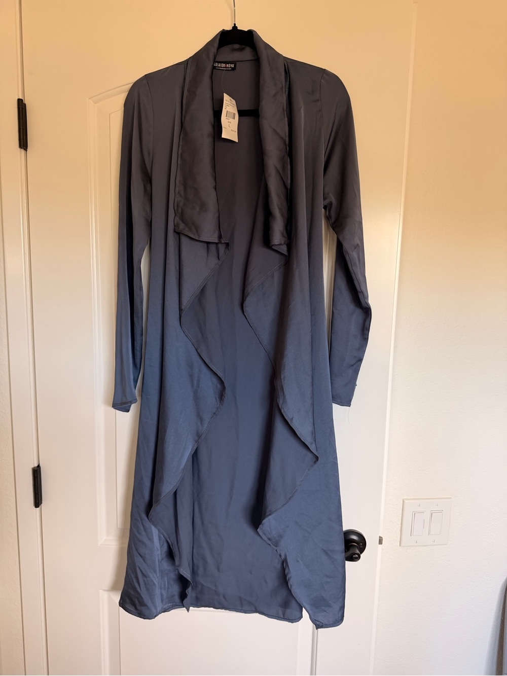 NEW ✨ Long Draped Open-Front Satin Womens Dress Cardigan - Slate Blue